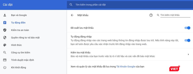 Các tùy chọn khác trong Trình quản lý mật khẩu Google. Ảnh chụp màn hình