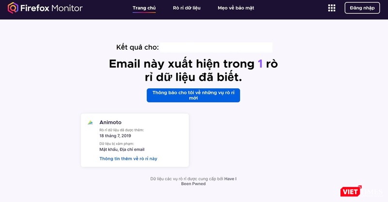 Thông tin rò rỉ dữ liệu gồm thời gian và dữ liệu bị xâm phạm. Ảnh chụp màn hình