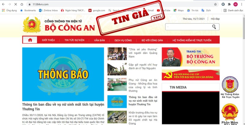 Website giả mạo Bộ Công an bị gắn nhãn tin giả. Ảnh: VAFC.