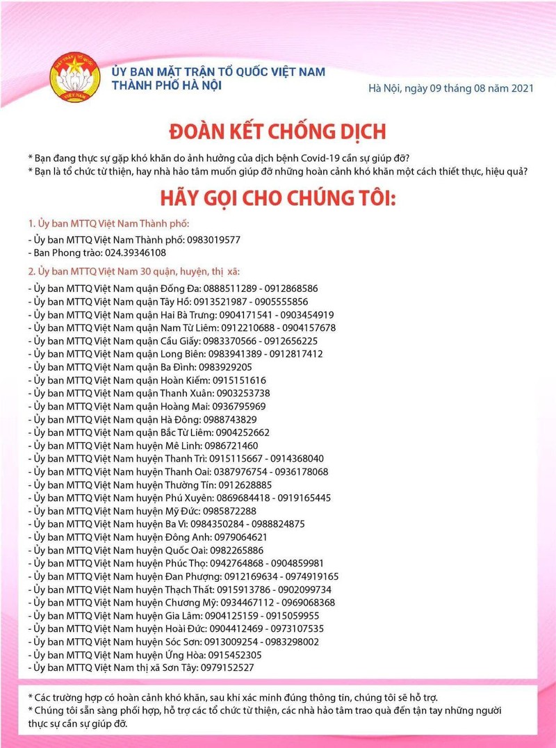 Danh sách đường dây nóng của MTTQ các quận, huyện, thị xã tại Hà Nội. Ảnh: Fanpage “Đoàn kết chống dịch”. Danh sách đường dây nóng của MTTQ các quận, huyện, thị xã tại Hà Nội. Ảnh: Fanpage “Đoàn kết chống dịch”.