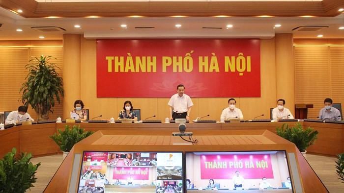 Chủ tịch UBND Thành phố Chu Ngọc Anh phát biểu tham luận tại Hội nghị. Ảnh: Cổng TTĐT Hà Nội.