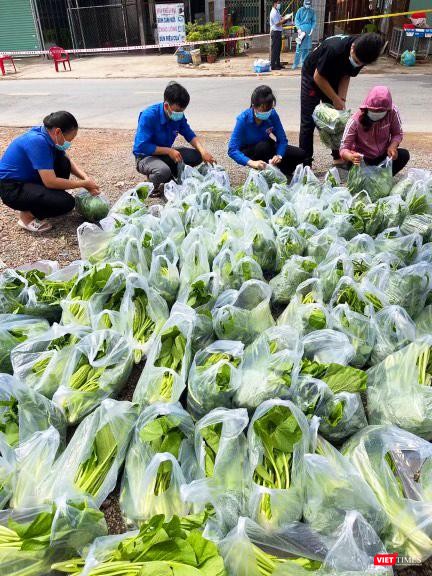 Thanh niên tình nguyện TP HCM chia rau nhận được để đi phân phát Thanh niên tình nguyện TP HCM chia rau nhận được để đi phân phát