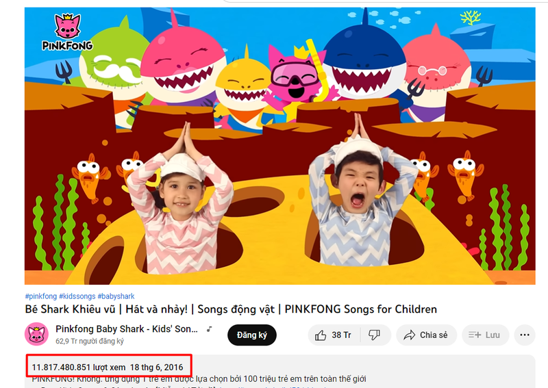 Bản hit Baby Shark hiện sở hữu 11,81 tỉ lượt xem trên kênh Youtube Bản hit Baby Shark hiện sở hữu 11,81 tỉ lượt xem trên kênh Youtube