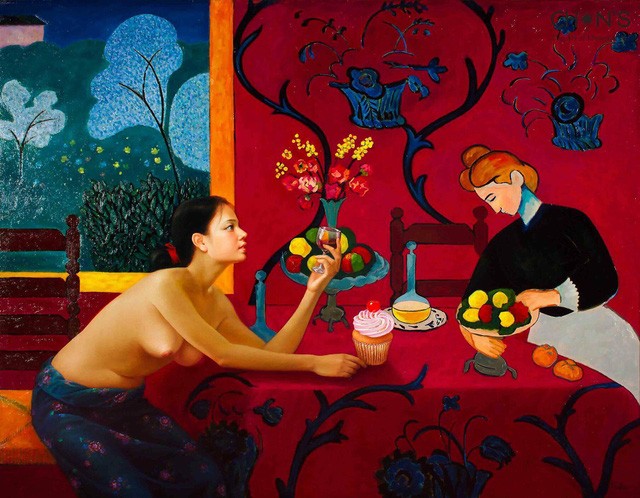 Bức “Rượu hồng” - họa sĩ Lê Thế Anh lấy cảm hứng từ thành công lớn của các danh họa đi trước và dùng giá trị đó để tương tác, đối thoại, trở thành một tác phẩm độc lập.