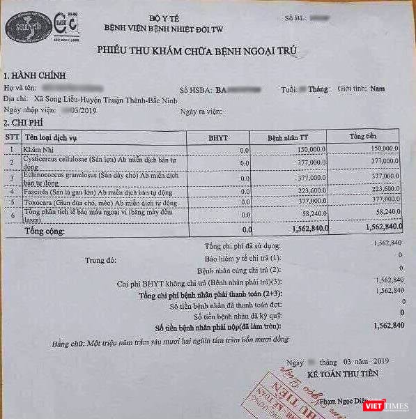 Phiếu xét nghiệm của một cháu bé có chi phí 1,562 triệu đồng