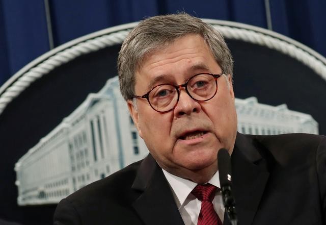 Tổng chưởng lý Hoa Kỳ William Barr phát biểu tại một cuộc họp báo để thảo luận về Luật sư đặc biệt Robert Mueller, báo cáo về sự can thiệp của Nga trong cuộc đua tổng thống Hoa Kỳ năm 2016, tại Washington, Hoa Kỳ, ngày 18 tháng 4 năm 2019 (Ảnh REUTERS)