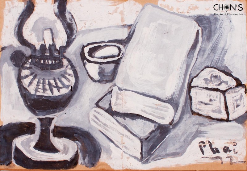 Tác phẩm: Đèn Sách. Họa sĩ: Bùi Xuân Phái. Chất liệu: Bột màu trên giấy. Kích thước: 38 x 26,5 cm. Năm sáng tác: 1972. Ký: “”Phai 72” - dưới phải.