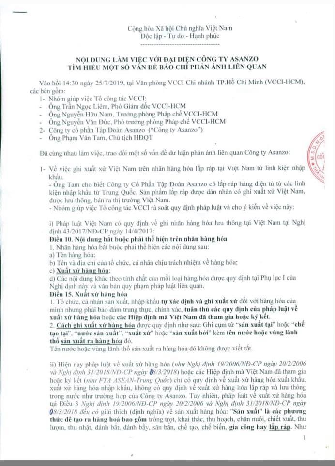 Nội dung làm việc của VCCI với Asanzo