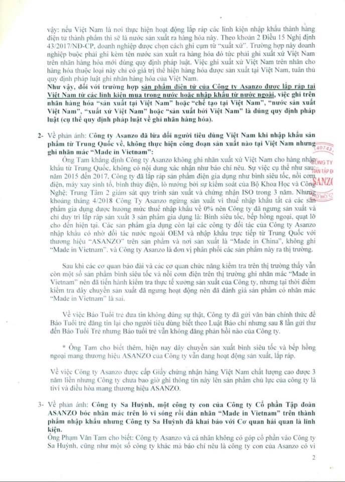 “Như vậy, đối với trường hợp sản phẩm điện tử của công ty Asanzo được sắp ráp tại Việt Nam từ các linh kiện mua trong nước hoặc nhập khẩu từ nước ngoài, việc ghi trên nhãn hàng hóa “sản xuất tại Việt Nam” hoặc “chế tạo bởi Việt Nam” là đúng quy định pháp luật (cụ thể quy định pháp luật về ghi nhãn hàng hóa)"- VCCI kết luận.