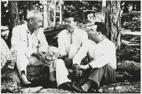 Chủ tịch Hồ Chí Minh nói chuyện với Suslov (giữa) và Brezhnev trong lần Người thăm Liên Xô năm 1955. Chủ tịch Hồ Chí Minh nói chuyện với Suslov (giữa) và Brezhnev trong lần Người thăm Liên Xô năm 1955.