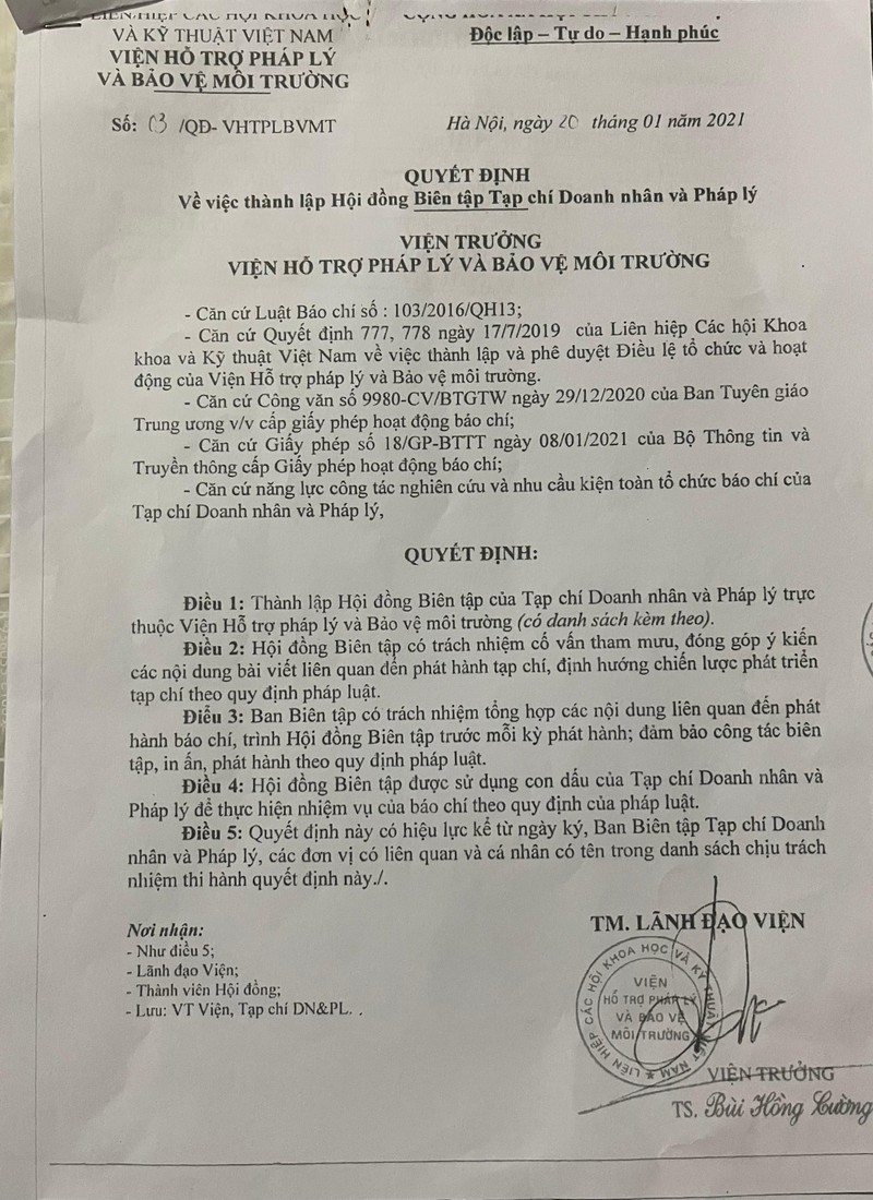 Ngày 20/01/2021, ông Cường đã ký Quyết định số 03/QĐ-VHTPLBVMT về việc thành lập Hội đồng biên tập tạp chí Doanh nhân và Pháp lý mà không có bất cứ trao đổi thỏa thuận nào với Tổng Biên tập Vũ Tuấn Anh. Ngày 20/01/2021, ông Cường đã ký Quyết định số 03/QĐ-VHTPLBVMT về việc thành lập Hội đồng biên tập tạp chí Doanh nhân và Pháp lý mà không có bất cứ trao đổi thỏa thuận nào với Tổng Biên tập Vũ Tuấn Anh.