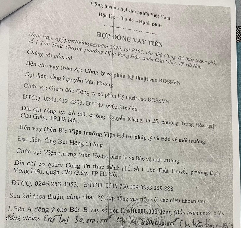 Hợp đồng vay tiền của Chủ tịch Hội đồng quản lý, Viện trưởng Viện HTPL&BVMT. Hợp đồng vay tiền của Chủ tịch Hội đồng quản lý, Viện trưởng Viện HTPL&BVMT.