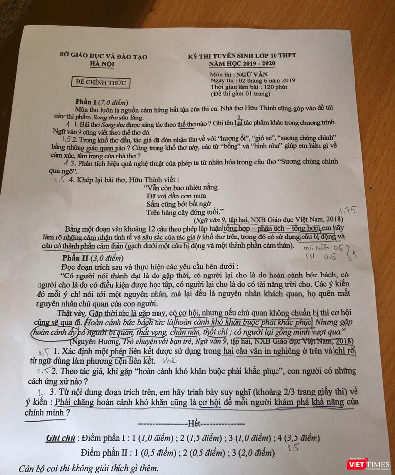 Đề thi môn ngữ văn vào lớp 10. Ảnh: Minh Thúy Đề thi môn ngữ văn vào lớp 10. Ảnh: Minh Thúy