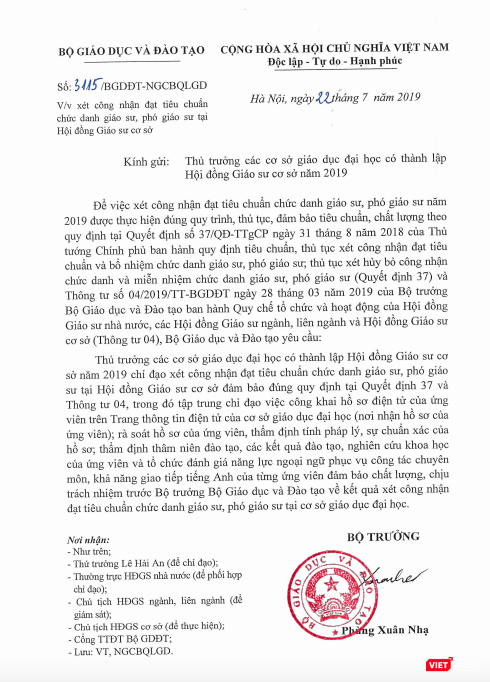 Công văn số 3115/BGDĐT-NGCBQLGD, gửi thủ trưởng các cơ sở giáo dục đại học có thành lập Hội đồng Giáo sư cơ sở năm 2019 về việc xét công nhận đạt tiêu chuẩn chức danh giáo sư, phó giáo sư tại Hội đồng Giáo sư cơ sở Công văn số 3115/BGDĐT-NGCBQLGD, gửi thủ trưởng các cơ sở giáo dục đại học có thành lập Hội đồng Giáo sư cơ sở năm 2019 về việc xét công nhận đạt tiêu chuẩn chức danh giáo sư, phó giáo sư tại Hội đồng Giáo sư cơ sở