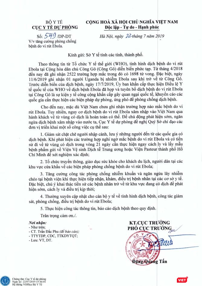 Công văn số 549/DP-DT về tăng cường phòng chống bệnh do virus Ebola Công văn số 549/DP-DT về tăng cường phòng chống bệnh do virus Ebola