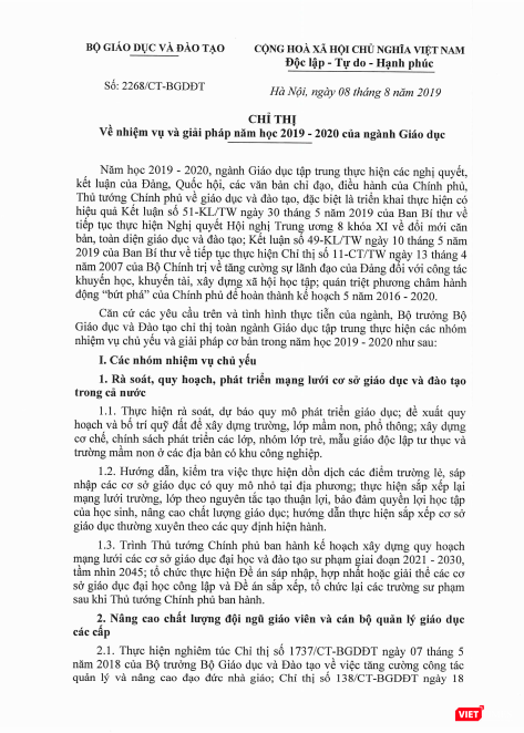 Chỉ thị số 2268/CT-BGDĐT về nhiệm vụ và giải pháp năm học 2019 - 2020 của ngành Giáo dục Chỉ thị số 2268/CT-BGDĐT về nhiệm vụ và giải pháp năm học 2019 - 2020 của ngành Giáo dục