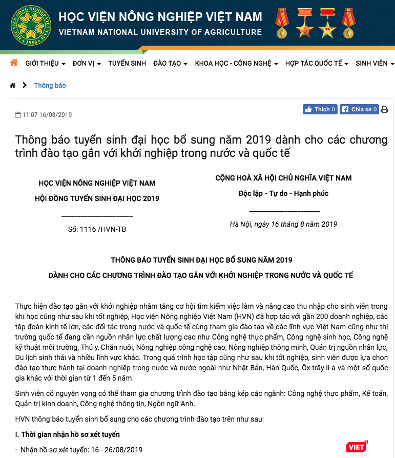 Thông báo của Học viện Nông nghiệp Việt Nam Thông báo của Học viện Nông nghiệp Việt Nam