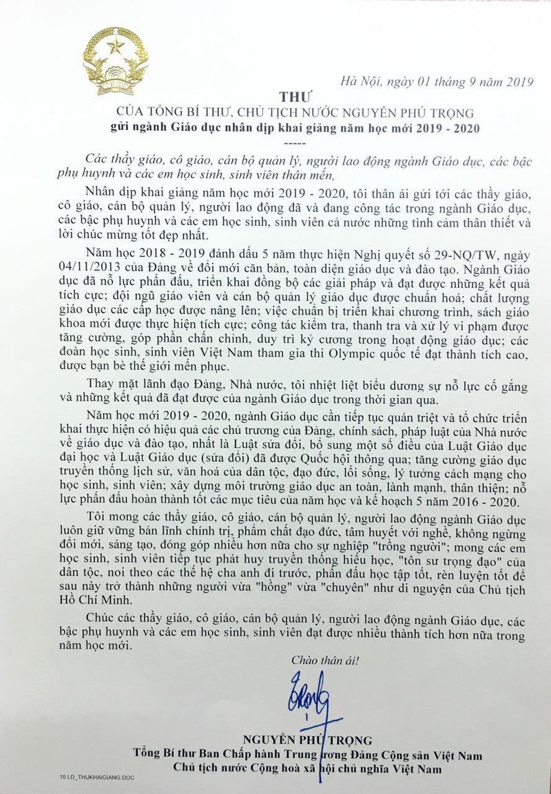 Thư của Tổng Bí thư, Chủ tịch nước Nguyễn Phú Trọng gửi ngành Giáo dục nhân dịp khai giảng năm học mới 2019-2020 Thư của Tổng Bí thư, Chủ tịch nước Nguyễn Phú Trọng gửi ngành Giáo dục nhân dịp khai giảng năm học mới 2019-2020