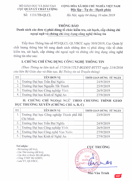 Danh sách các đơn vị phải dừng việc tổ chức kiểm tra, sát hạch, cấp chứng chỉ ngoại ngữ và chứng chỉ ứng dụng công nghệ thông tin