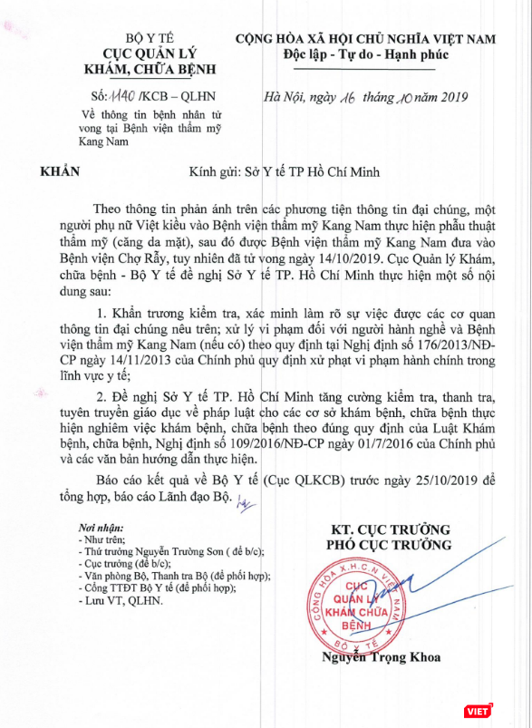 Công văn đề nghị Sở Y tế TP. Hồ Chí Minh khẩn trương kiểm tra xác minh thông tin bệnh nhân tử vong tại Bệnh viện thẩm mỹ Kang Nam. Công văn đề nghị Sở Y tế TP. Hồ Chí Minh khẩn trương kiểm tra xác minh thông tin bệnh nhân tử vong tại Bệnh viện thẩm mỹ Kang Nam.