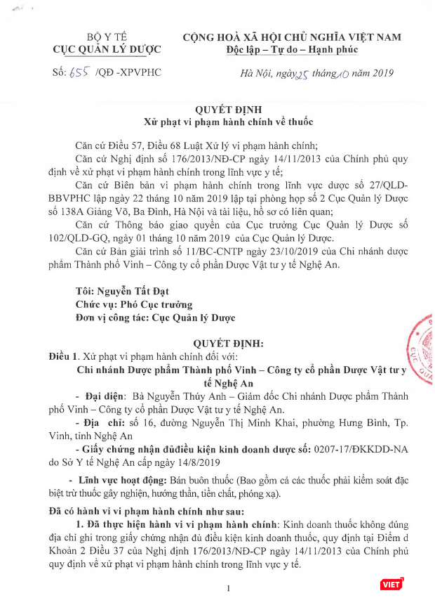 Quyết định xử phạt vi phạm hành chính đối với Chi nhánh Dược phẩm TP. Vinh – Công ty cổ phần Dược vật tư y tế Nghệ An. Quyết định xử phạt vi phạm hành chính đối với Chi nhánh Dược phẩm TP. Vinh – Công ty cổ phần Dược vật tư y tế Nghệ An.