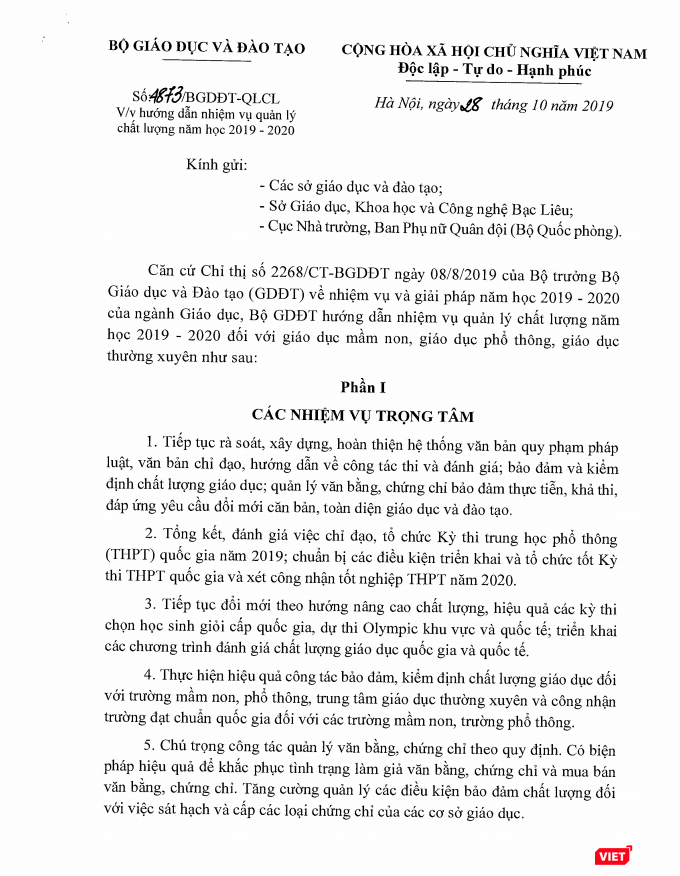 Hướng dẫn nhiệm vụ quản lý chất lượng năm học 2019 - 2020 đối với giáo dục mầm non, giáo dục phổ thông, giáo dục thường xuyên