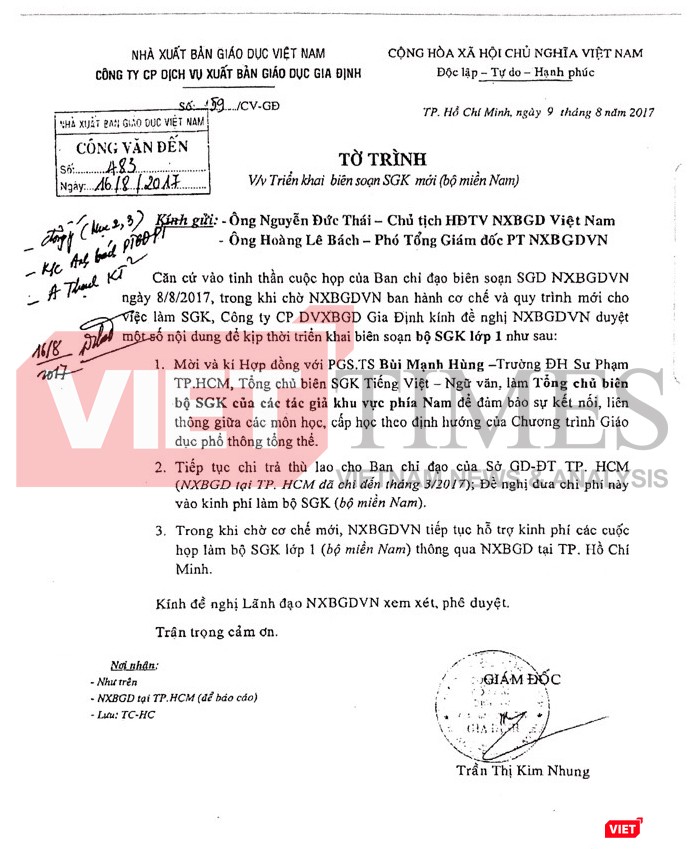 Tờ trình về việc triển khai biên soạn SGK mới (bộ miền Nam)