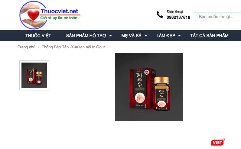 Sản phẩm thực phẩm bảo vệ sức khỏe Thống Bảo Tán được quảng cáo trên trang https://thuocviet.net
