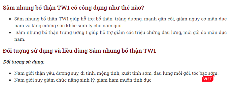 Quảng cáo thực phẩm bảo vệ sức khỏe Tinh sâm nhung bổ thận Dược liệu TW1. Ảnh: https://dongynguyenvanlieu.com/sam-nhung-bo-than-tw1 Quảng cáo thực phẩm bảo vệ sức khỏe Tinh sâm nhung bổ thận Dược liệu TW1. Ảnh: https://dongynguyenvanlieu.com/sam-nhung-bo-than-tw1