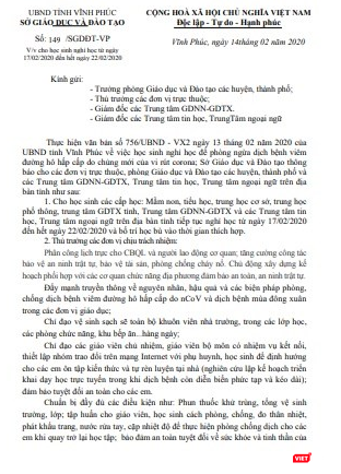 Thông báo cho học sinh tiếp tục nghỉ học của Sở GD&ĐT tỉnh Vĩnh Phúc. Ảnh: Minh Thúy