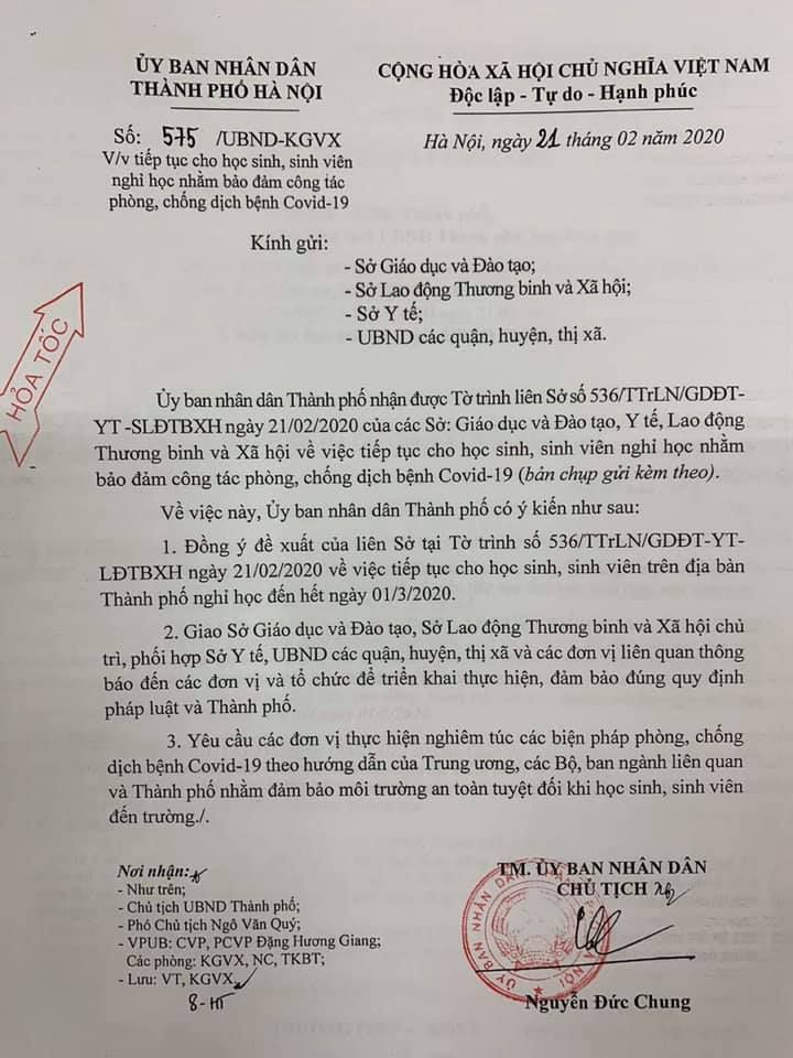 Công văn hỏa tốc của UBND TP. Hà Nội gửi các Sở GD&ĐT về việc tiếp tục cho học sinh, sinh viên nghỉ học để phòng dịch COVID-19. Ảnh: UBND TP. HN Công văn hỏa tốc của UBND TP. Hà Nội gửi các Sở GD&ĐT về việc tiếp tục cho học sinh, sinh viên nghỉ học để phòng dịch COVID-19. Ảnh: UBND TP. HN