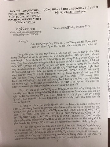 Văn bản gửi Bộ Quốc phòng, Bộ Công an, Bộ Giao Thông vận tải, Bộ Ngoại giao, UBND các tỉnh, thành phố về việc đẩy mạnh triển khai các biện pháp phòng, chống dịch COVID-19