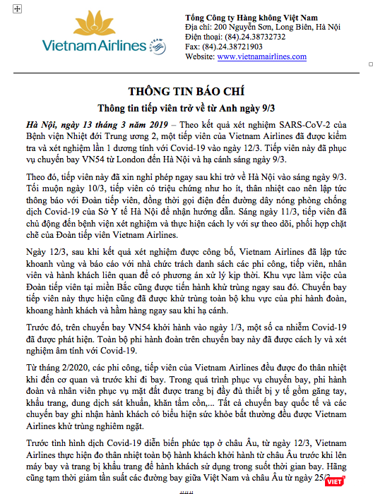 Thông tin báo chí về tiếp viên hàng không về từ Anh của Vietnam Airlines.