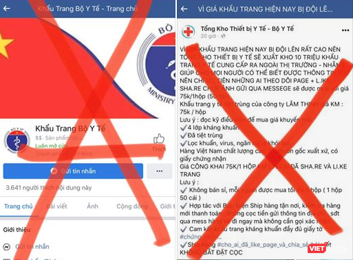 Một số trang Fanpage giả mạo Bộ Y tế để bán khẩu trang. Ảnh: Minh Thúy 