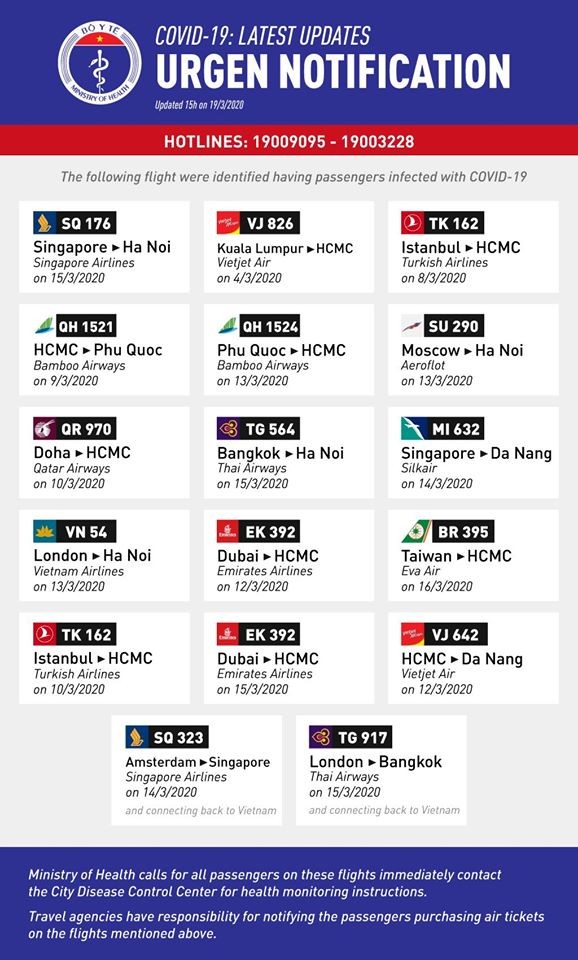 Thông báo 17 chuyến bay có hành khách mắc COVID-19 bằng tiếng Anh. Ảnh: Tuấn Dũng -BYT