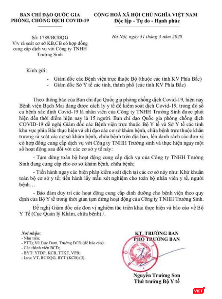 Văn bản về việc rà soát cơ sở khám, chữa bệnh có hợp đồng cung cấp dịch vụ với Công ty TNHH Trường Sinh. Ảnh: Minh Thúy
