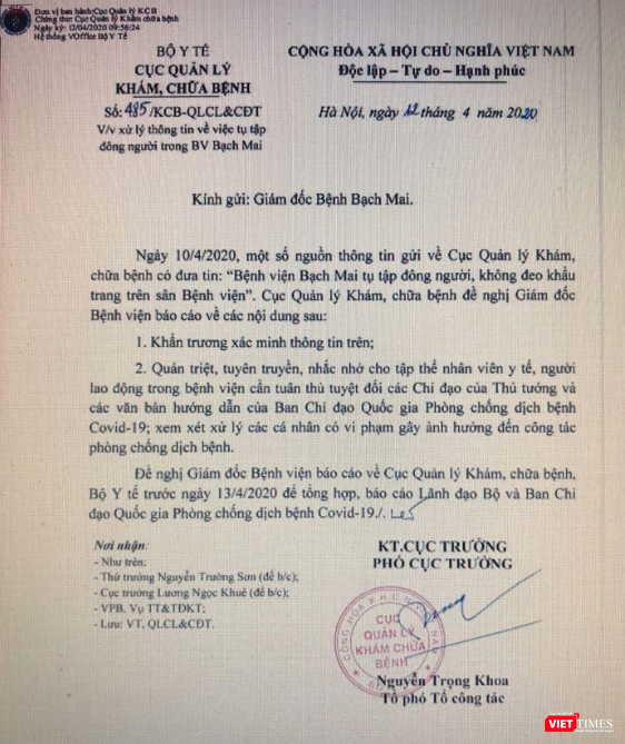 Văn bản của Cục Quản lý Khám, chữa bệnh (Bộ Y tế) về việc xử lý thông tin tụ tập đông người, không đeo khẩu trang tại Bệnh viện Bạch Mai.