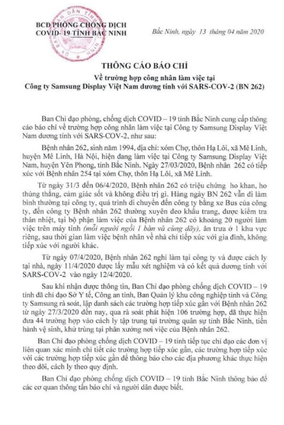 hông báo về bệnh nhân 262 mắc COVID-19. Ảnh: Ban Chỉ đạo phòng, chống dịch COVID-19 tỉnh Bắc Ninh hông báo về bệnh nhân 262 mắc COVID-19. Ảnh: Ban Chỉ đạo phòng, chống dịch COVID-19 tỉnh Bắc Ninh