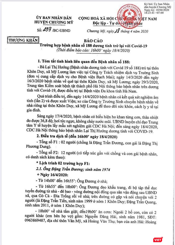 Báo cáo trường hợp bệnh nhân 188 mắc COVID-19 dương tính trở lại với virus SARS-CoV-2 của UBND huyện Chương Mỹ. Báo cáo trường hợp bệnh nhân 188 mắc COVID-19 dương tính trở lại với virus SARS-CoV-2 của UBND huyện Chương Mỹ.