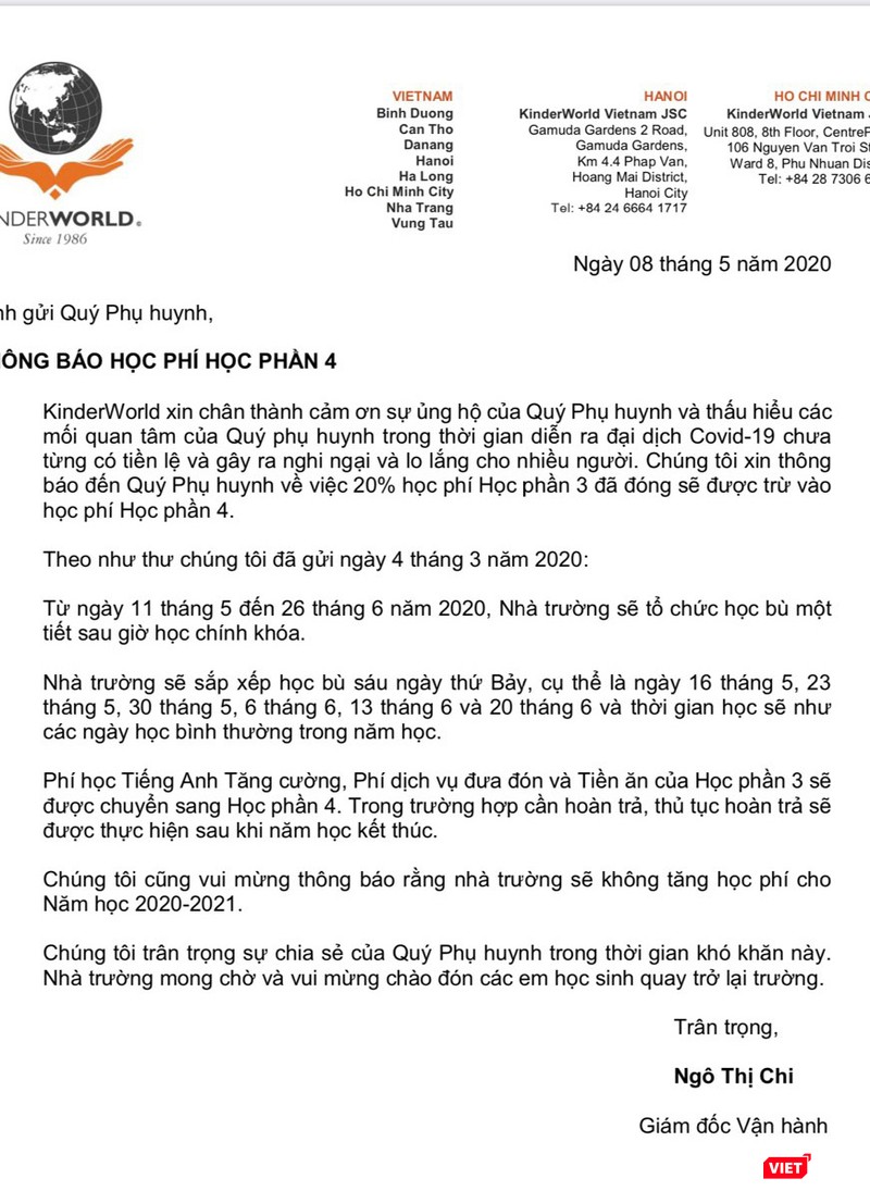 Thông báo học phí học phần 4 do bà Ngô Thị Chi - Giám đốc Vận hành khu vực miền Bắc Trường Quốc tế Singapore gửi đến phụ huynh học sinh. Ảnh: Phụ huynh cung cấp