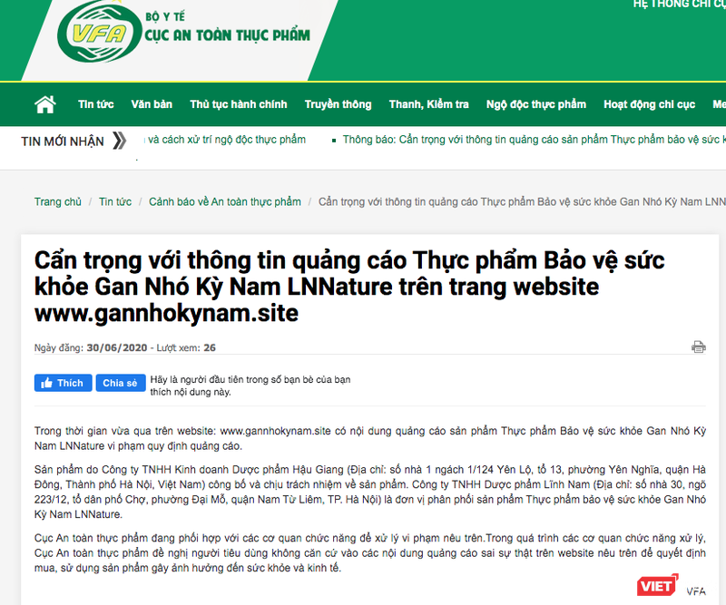 Cục An toàn thực phẩm khuyến cáo người tiêu dùng cẩn trọng với thông tin quảng cáo thực phẩm bảo vệ sức khỏe Gan Nhó Kỳ Nam LNNature (Ảnh: Minh Thúy) 
