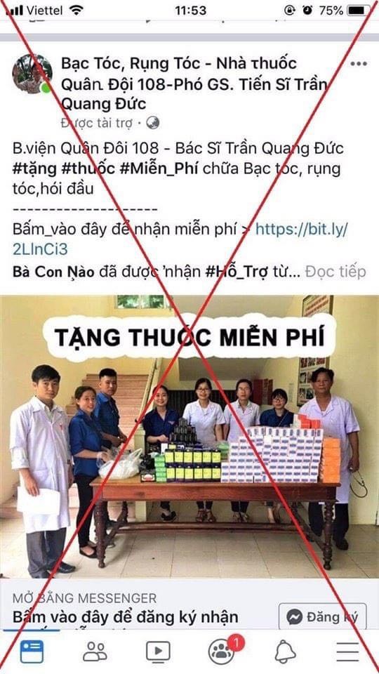 Thông tin giả mạo bác sĩ Bệnh viện Trung ương Quân đội 108 trên Facebook về tặng thuốc miễn phí (Ảnh: Bệnh viện Trung ương Quân đội 108) Thông tin giả mạo bác sĩ Bệnh viện Trung ương Quân đội 108 trên Facebook về tặng thuốc miễn phí (Ảnh: Bệnh viện Trung ương Quân đội 108)