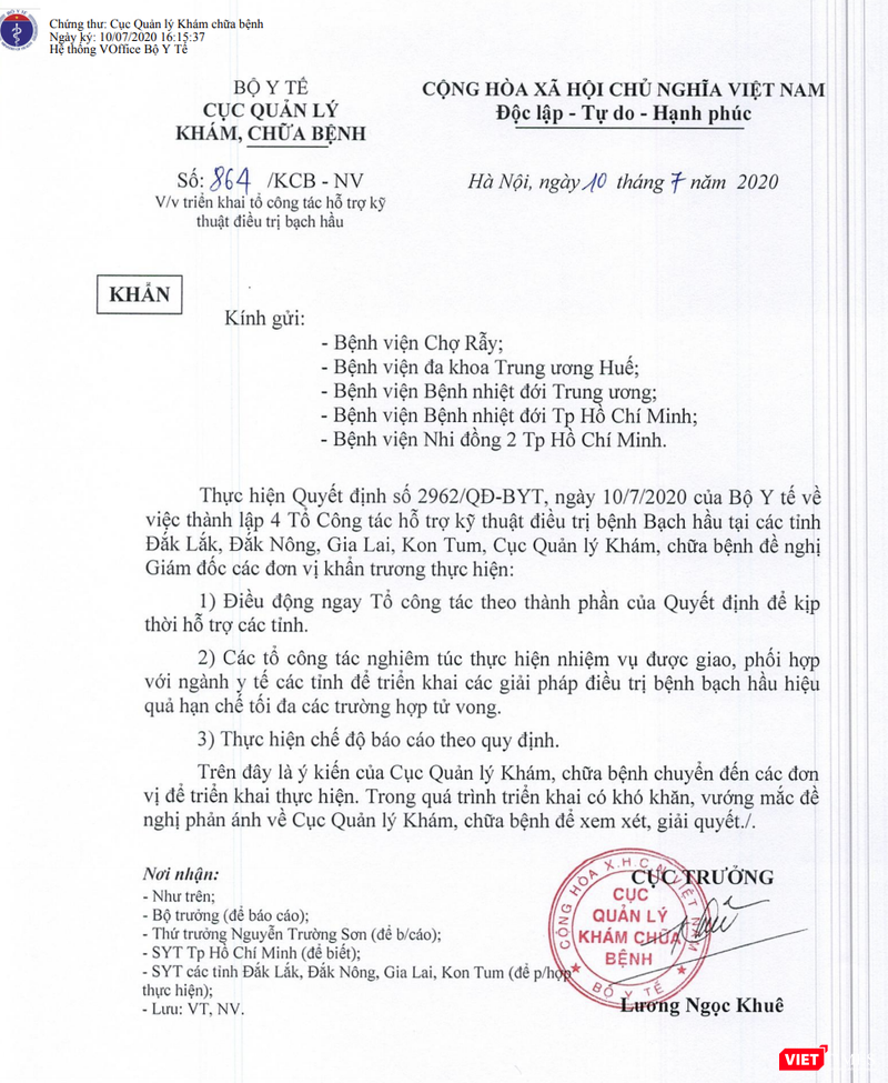 Công văn khẩn của Cục Quản lý Khám, chữa bệnh về việc triển khai tổ công tác hỗ trợ kỹ thuật điều trị bạch hầu (Ảnh: Minh Thúy)