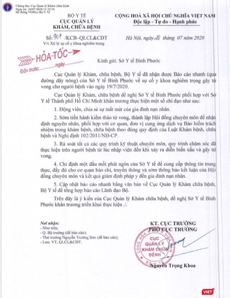 Công văn hỏa tốc của Cục Quản lý Khám, chữa bệnh, Bộ Y tế về việc xử lý sự cố y khoa nghiêm trọng (Ảnh: Thanh Hằng) Công văn hỏa tốc của Cục Quản lý Khám, chữa bệnh, Bộ Y tế về việc xử lý sự cố y khoa nghiêm trọng (Ảnh: Thanh Hằng)