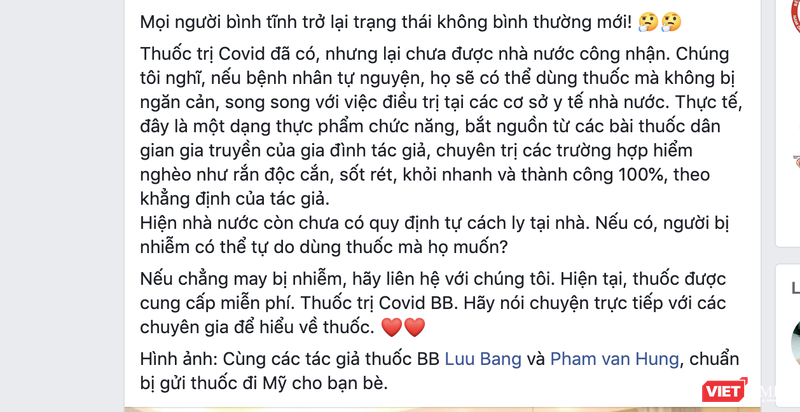 Thông tin về thuốc trị COVID-19 lan truyền trên mạng xã hội (Ảnh chụp màn hình) 