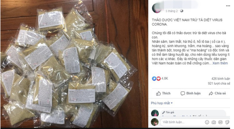 Thảo dược diệt virus được quảng cáo trên mạng (Ảnh chụp màn hình) Thảo dược diệt virus được quảng cáo trên mạng (Ảnh chụp màn hình)
