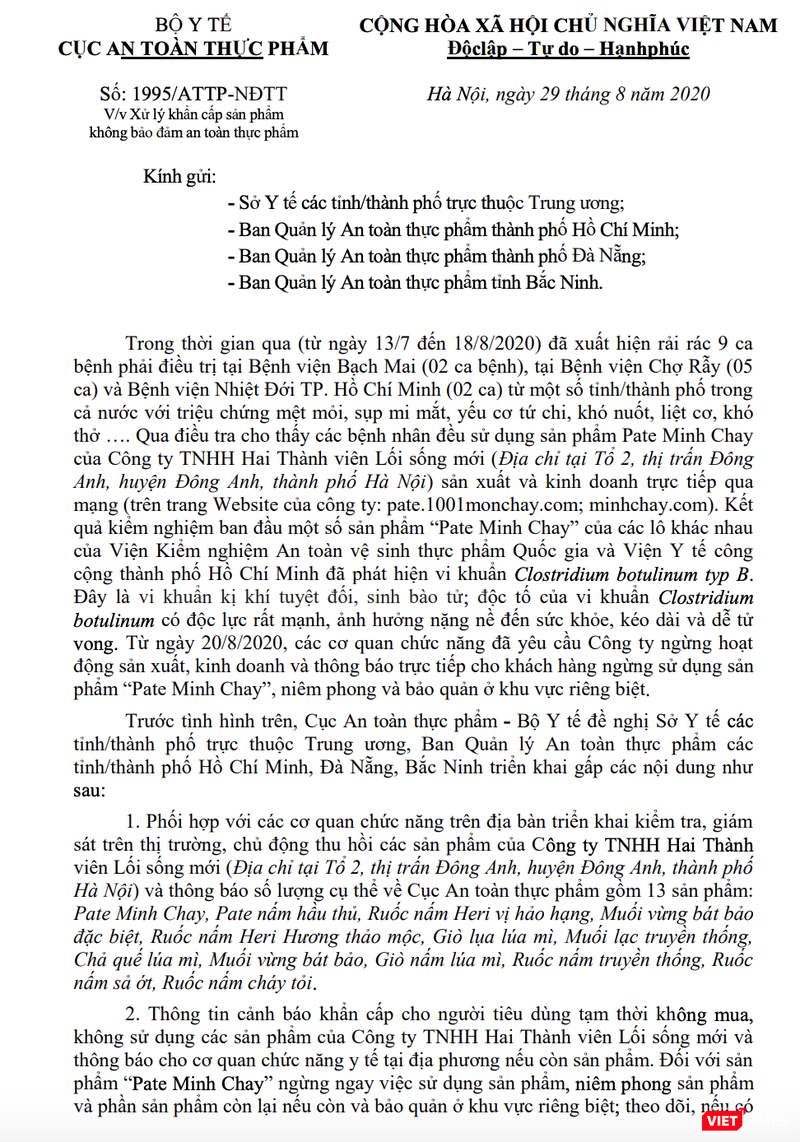 Văn bản của Cục An toàn thực phẩm yêu cầu xử lý khẩn cấp sản phẩm pate Minh Chay, yêu cầu Công ty TNHH Hai Thành viên Lối sống mới dừng hoạt động sản xuất từ ngày 20/8 (Ảnh: Minh Thúy) Văn bản của Cục An toàn thực phẩm yêu cầu xử lý khẩn cấp sản phẩm pate Minh Chay, yêu cầu Công ty TNHH Hai Thành viên Lối sống mới dừng hoạt động sản xuất từ ngày 20/8 (Ảnh: Minh Thúy)