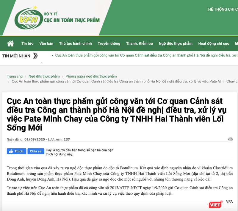 Cục An toàn thực phẩm đề nghị Cơ quan Cảnh sát điều tra Công an TP. Hà Nội điều tra, xử lý vụ pate Minh Chay có độc tố (Ảnh: Minh Thúy - nguồn VFA)