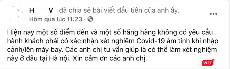 Facebook H.V. hoang mang tìm địa chỉ xét nghiệm COVID-19 ở Hà Nội (Ảnh: Minh Thúy)