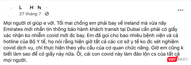 Dòng trạng thái kêu gọi mọi người giúp đỡ củaFacebook L.H.N. (Ảnh: Minh Thúy)